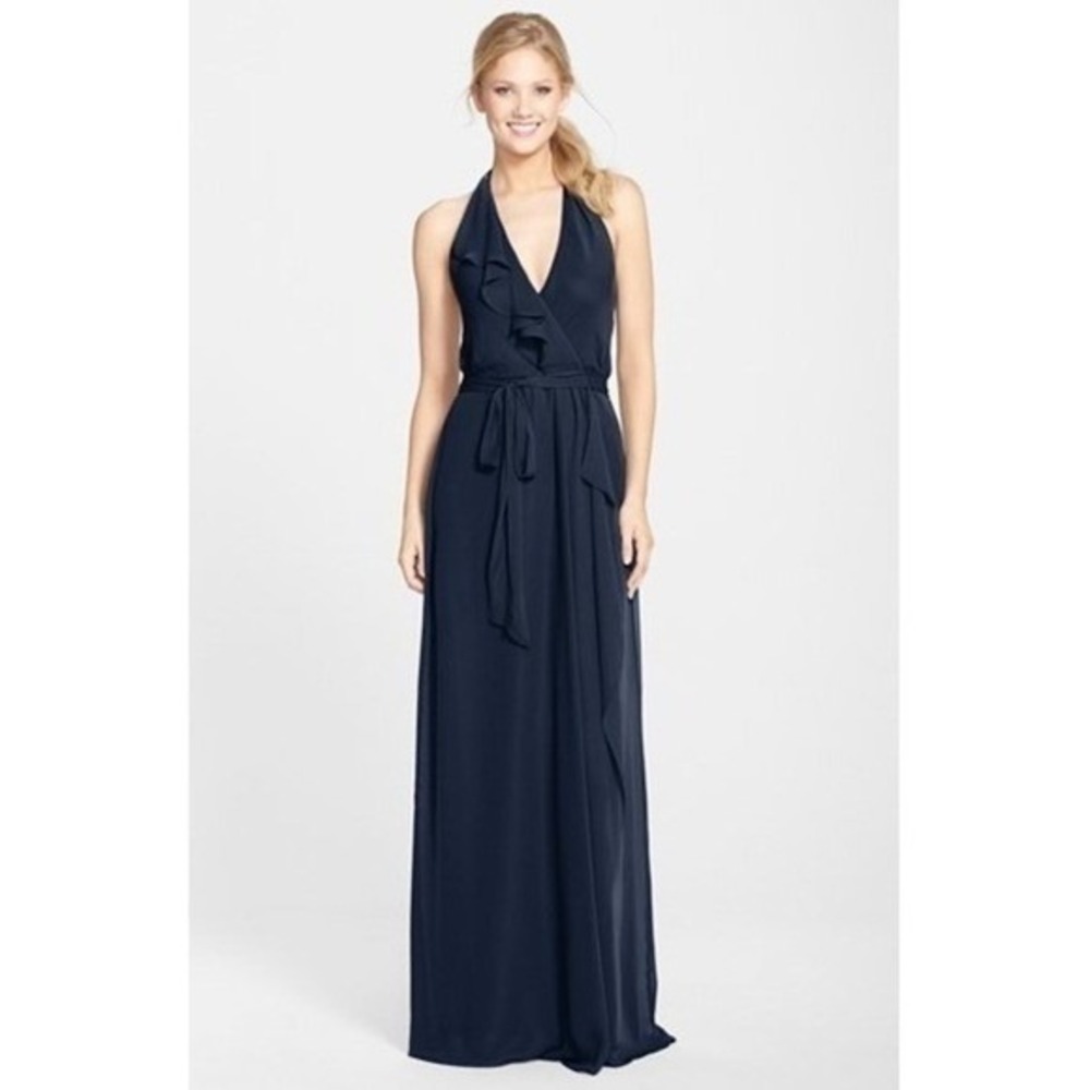 Nouvelle Amsale Navy Blue Halter Ruffle Chiffon Maxi Dress XS Evening Gown